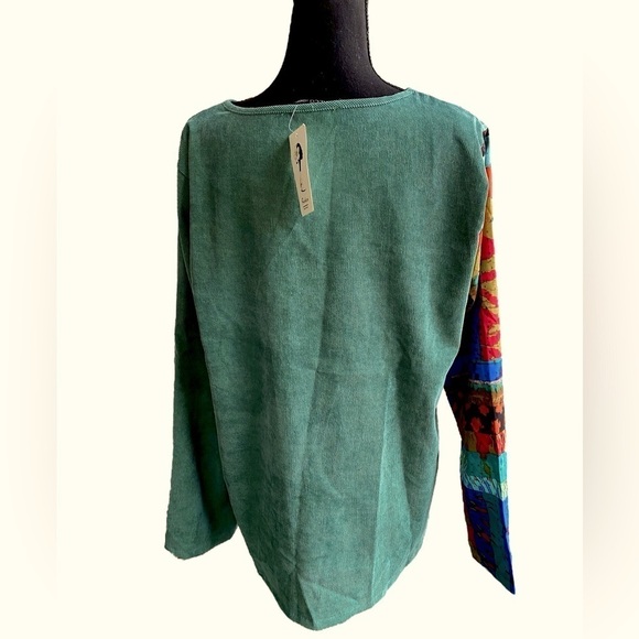 Zanzea Mixed Media Corduroy Top Ethnic Print Buttoned Women’s XXL Green Spl… - Picture 3 of 14